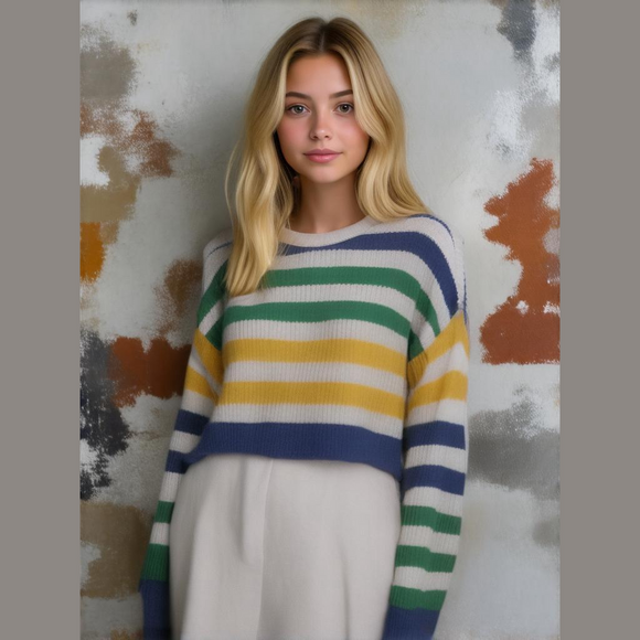 Women's Garage Striped Cropped Sweater - Size P/S - White/Green/Yellow/Blue - Picture 1 of 7